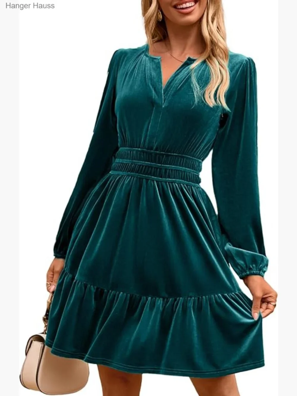 Luxe Velvet Mini A-Line Dress with Pockets Long Sleeve V-Neck
